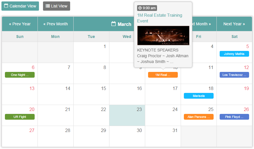 Tiva Events Calendar - Full Layout