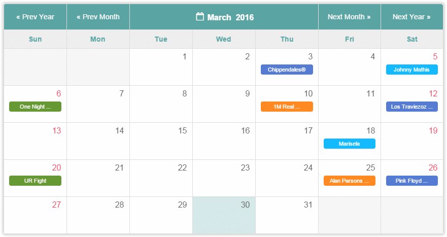 Tiva Events Calendar - Full Layout